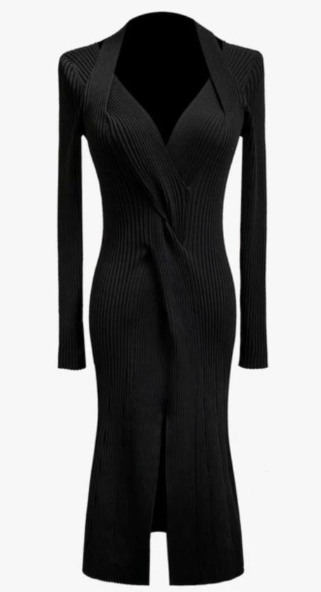 BLACK SEXY V NECK SWEATER DRESS