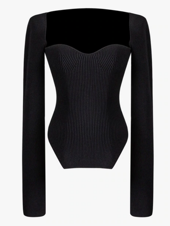 BLACK SWEETHEART NECK LONG SLEEVE KNIT TOP