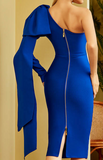 BLUE LARGE BOW SHOULDER MIDI DRESS