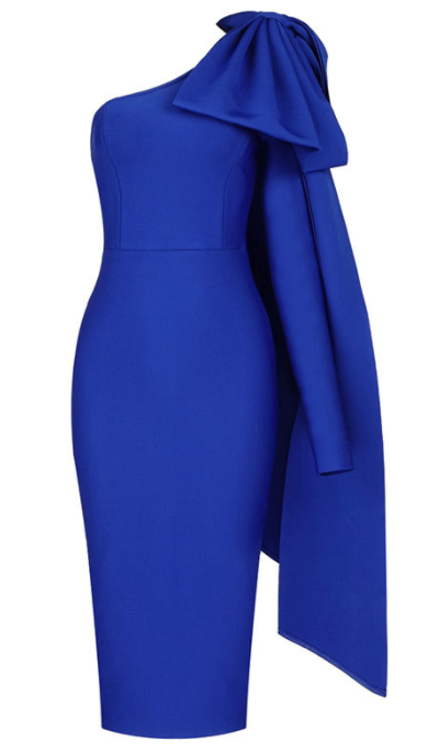 BLUE LARGE BOW SHOULDER MIDI DRESS