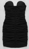 BLACK STRAPLESS PALM CUP RUCHED MINI DRESS