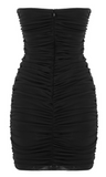 BLACK STRAPLESS PALM CUP RUCHED MINI DRESS