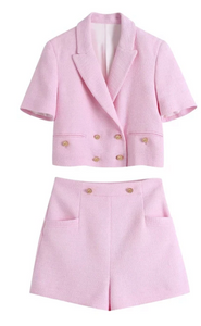 PINK CROPPED BLAZER SHORT SUIT 2 PIECE SET