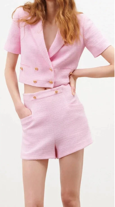 PINK CROPPED BLAZER SHORT SUIT 2 PIECE SET