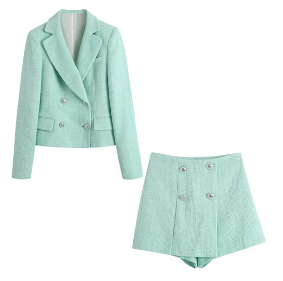 SEA GREEN TWEED BLAZER AND SHORT 2 PIECE SET