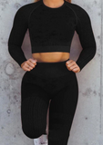 SEAMLESS MARBLED LONG SLEEVE CROP TOP AND HIGH WAIST LEGGINGS 2 PIECE FITNESS SET