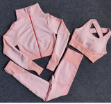 SEAMLESS HIGH WAIST LEGGING, PUSH UP SPORTS BRA & CROPPED ZIP JACKET 3 PIECE FITNESS SET