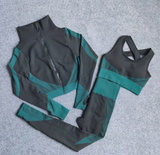 SEAMLESS HIGH WAIST LEGGING, PUSH UP SPORTS BRA & CROPPED ZIP JACKET 3 PIECE FITNESS SET