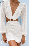 LONG SLEEVE CUT OUT SIDES AND BACK KNIT MINI BEACH DRESS