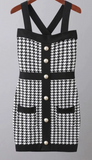 HOUNDSTOOTH BUTTON DETAIL KNIT MINI DRESS