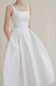 ELEGANT WHITE SQUARE NECK LINE PLEATED WAIST MID LENGTH DRESS