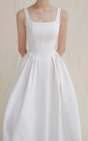 ELEGANT WHITE SQUARE NECK LINE PLEATED WAIST MID LENGTH DRESS