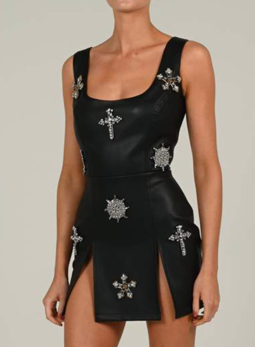 BLACK VEGAN LEATHER BEADED CROSS HIGH SLIT MINI DRESS